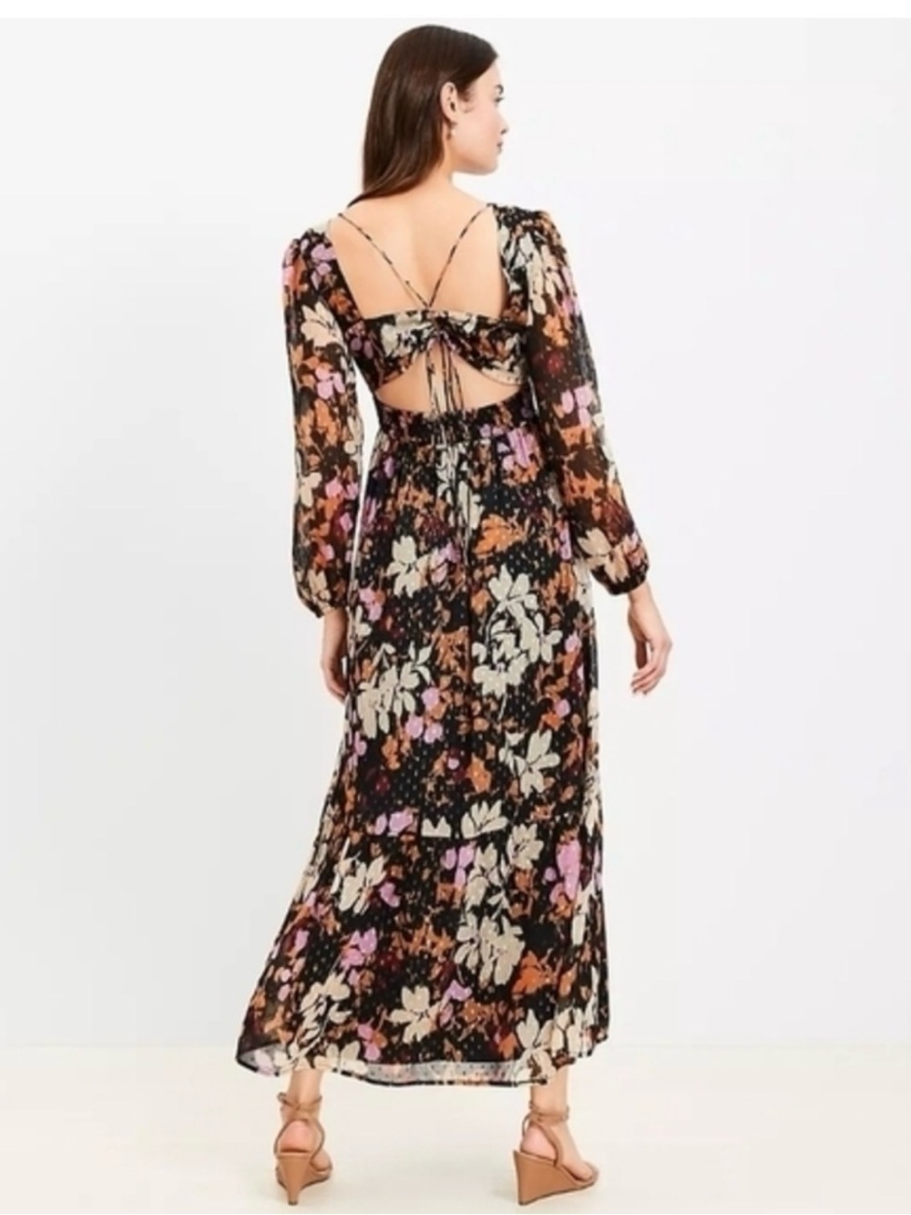 LOFT Black Floral Backless Maxi Dress with Tie-Back